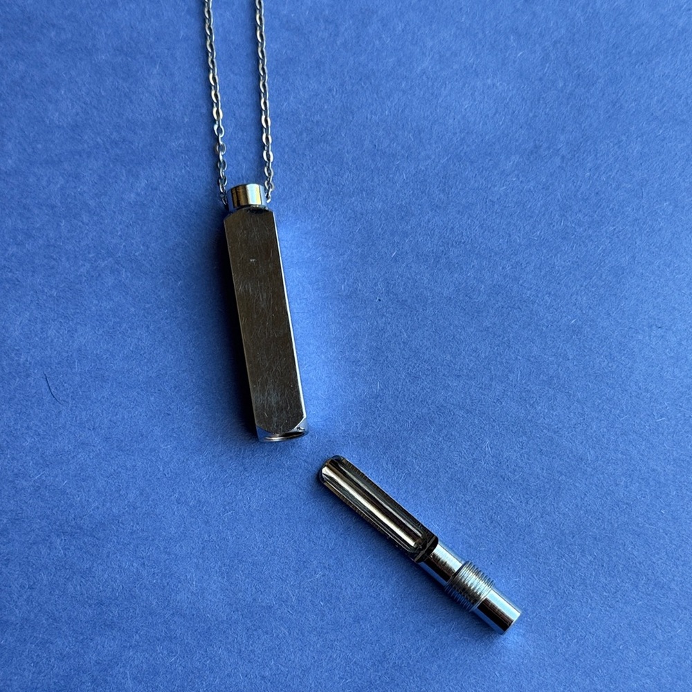 Hexagonal Stainless Steel Secret Mini Vial Pendant Necklace with hidden spoon